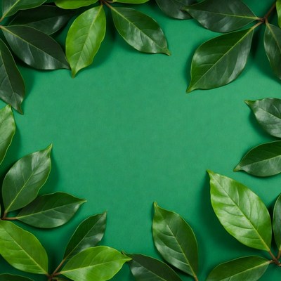 Green leaves framing blank green background