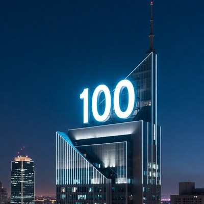 Illuminated 100 Skyscraper at Night