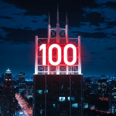 100 Sign on Skyscraper at Night