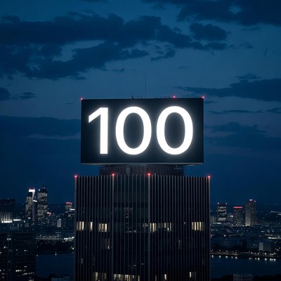 Lit 100 Sign on Skyscraper at Night
