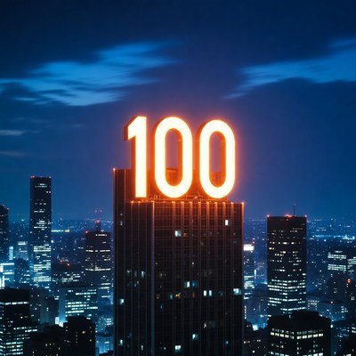 100 Sign on Skyscraper at Night