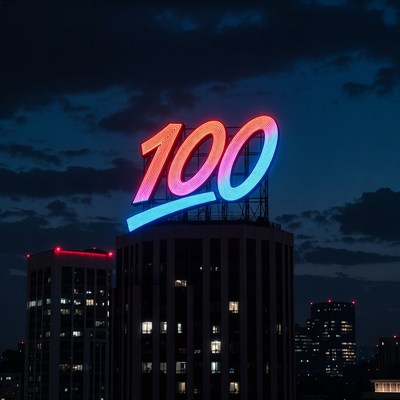 Glowing 100 Neon Sign on Skyscraper