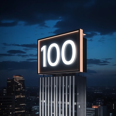 Illuminated 100 Sign on Skyscraper