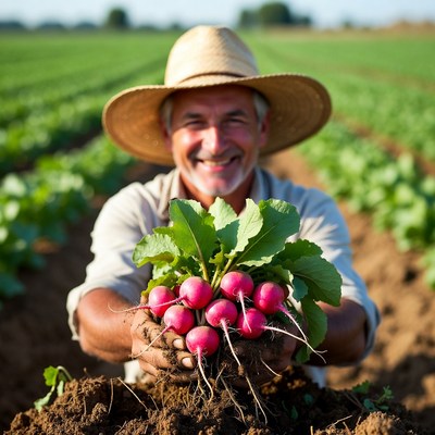 Farmer holding fresh radishes