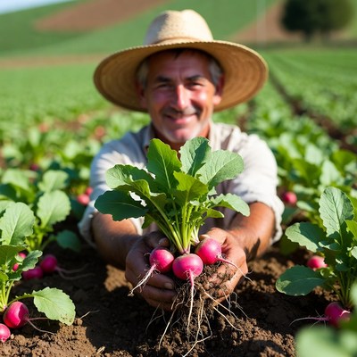 Farmer holding fresh radishes in field