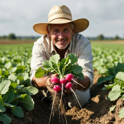 Farmer holding fresh radishes in field