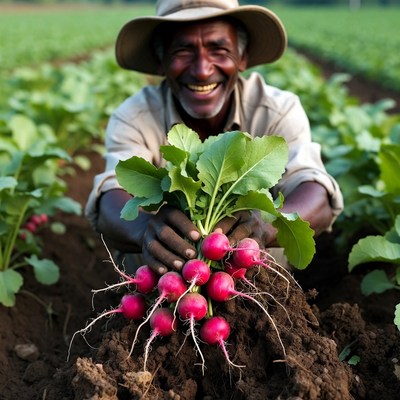 African farmer holding fresh radishes
