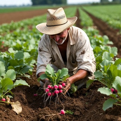 Farmer harvesting radishes in field