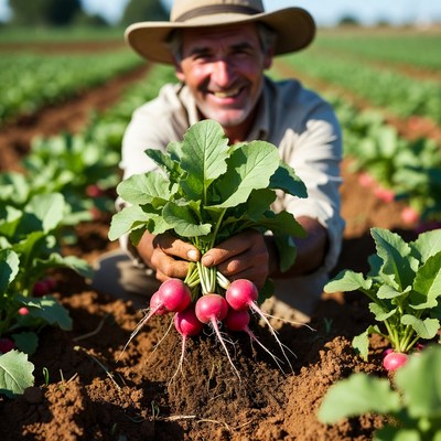 Farmer holding radishes in field