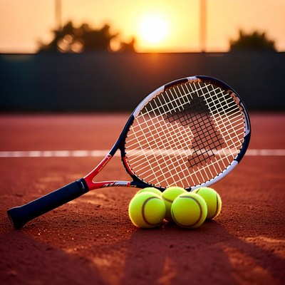 Tennis racket and balls on court at sunset
