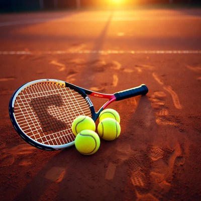 Tennis racket and balls on clay court