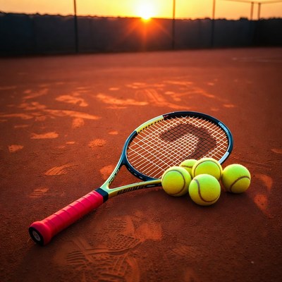 Tennis racket and balls on clay court