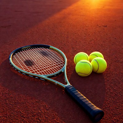Tennis racket and balls on clay court