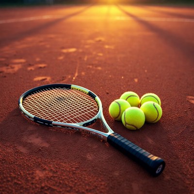 Tennis racket and balls on clay court
