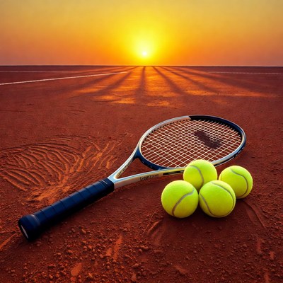 Tennis racket and balls on clay court at sunset