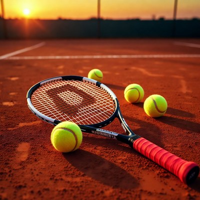Tennis racket and balls on clay court at sunset