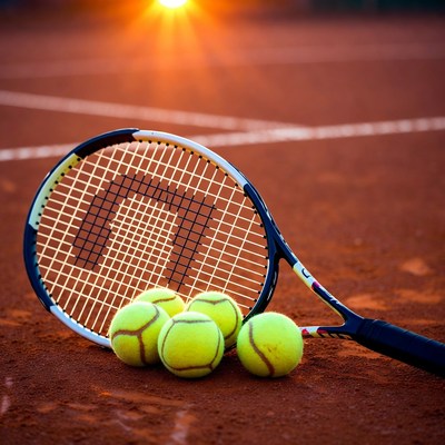 Tennis racket and balls on clay court