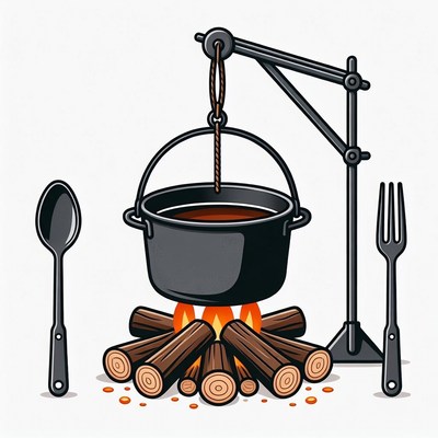 Campfire with suspended pot and utensils