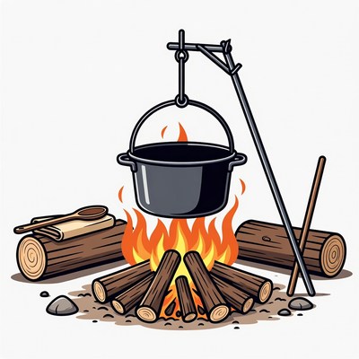 Campfire with Pot and Firewood