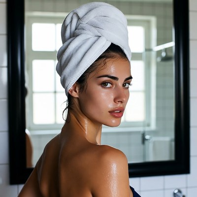 Woman in towel looking in bathroom mirror