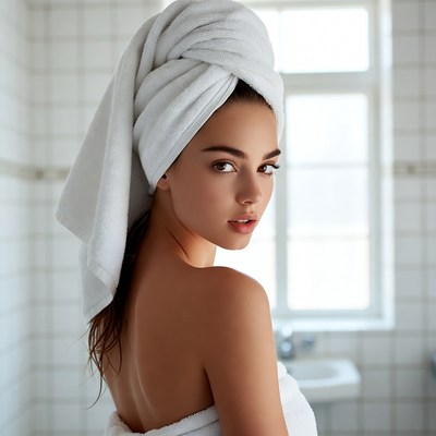 Woman with towel on head in bathroom