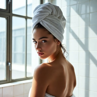 Woman with towel turban in bathroom