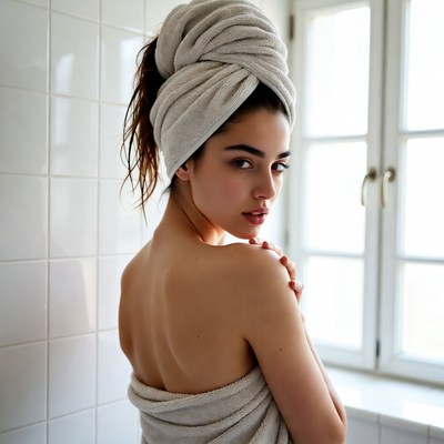 Woman in towel looking over shoulder