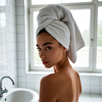 Woman in towel by bathroom sink