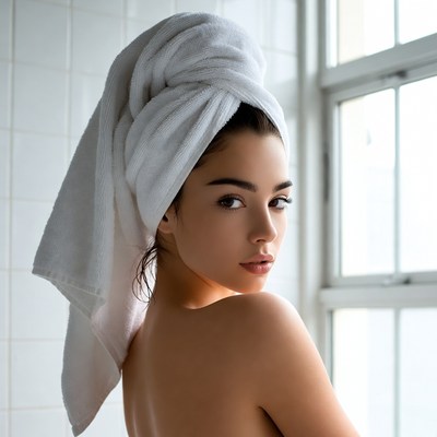 Woman with towel on head in bathroom