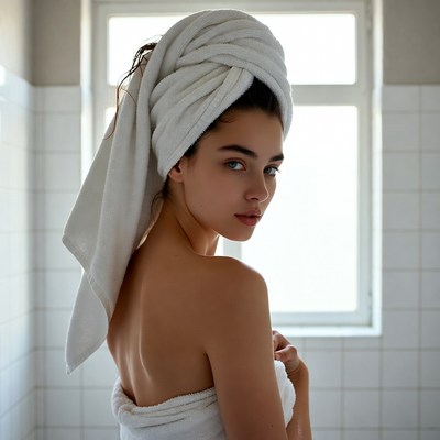 Woman with white towel turban in bathroom