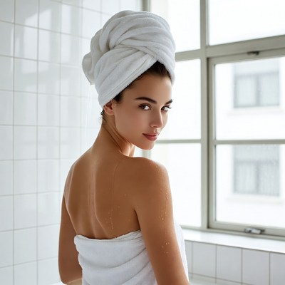 Woman in towel looking back in bathroom