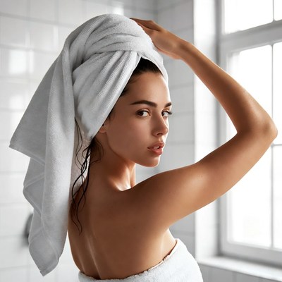 Woman with towel turban in bathroom
