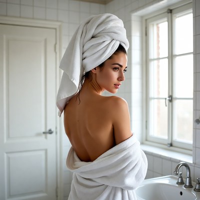 Woman in towel at bathroom sink