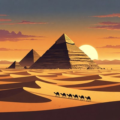Pyramids and Camels at Sunset