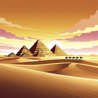 Camels and Pyramids at Sunset