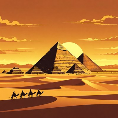 Camels and Pyramids Silhouette Sunset