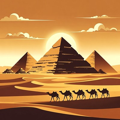 Camels and Pyramids at Sunset