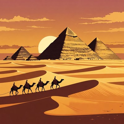 Camels and Pyramids at Sunset