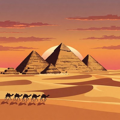 Pyramids Camels Sunset Desert Illustration