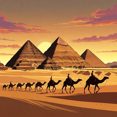 Camels and riders near pyramids at sunset