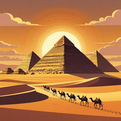 Camels caravan near Giza Pyramids sunset