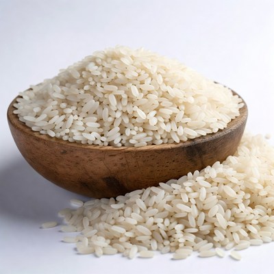 Uncooked White Rice in Wooden Bowl