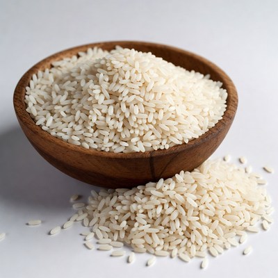 Uncooked White Rice in Wooden Bowl
