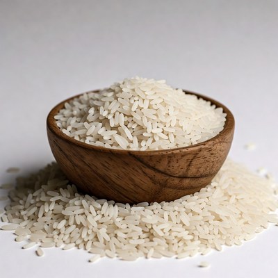 White Rice in Wooden Bowl