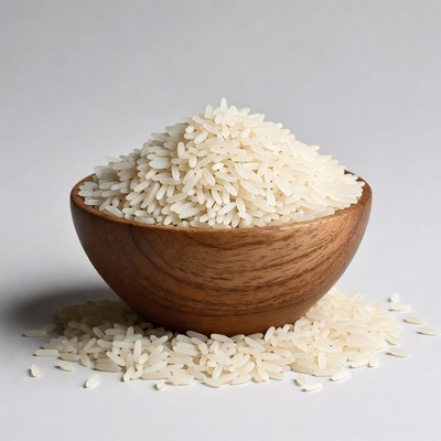 Uncooked White Rice in Wooden Bowl