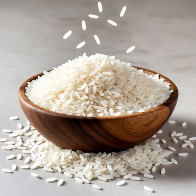 White Rice Pouring into Wooden Bowl