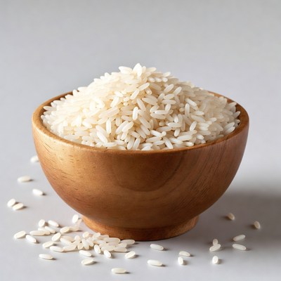 White Rice in Wooden Bowl