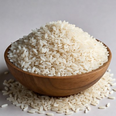 Uncooked White Rice in Wooden Bowl