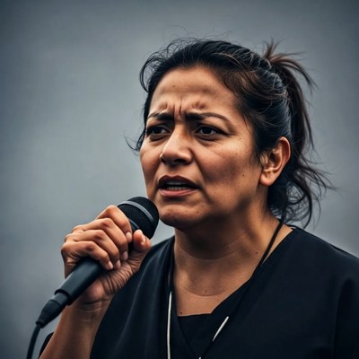 Latina woman speaking into microphone