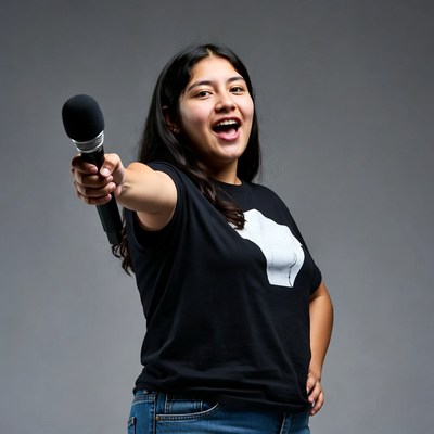 Latina woman singing into microphone